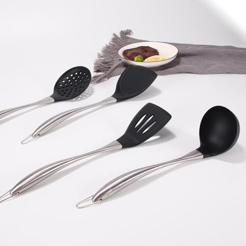 TUKRPQMRI Outils de Cuisine, cuillère à poêle antiadhésive, Ensemble d'ustensiles de Cuisine en Silicone, Manche Creux en Acier Inoxydable, cuillère à Soupe, passoire spatule/733(430 Black Scoop)