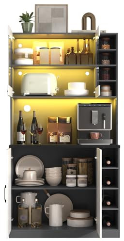 Billg Buffetschrank mit Aufsatz, Bücherregal, Küchenschrank mit 8 Schubladen und 4 Tür, Sideboard Küche mit Mikrowellenregal, Stahlrahmen, Wohnzimmerschrank für Wein & Kaffee, 100 * 47 * 178cm