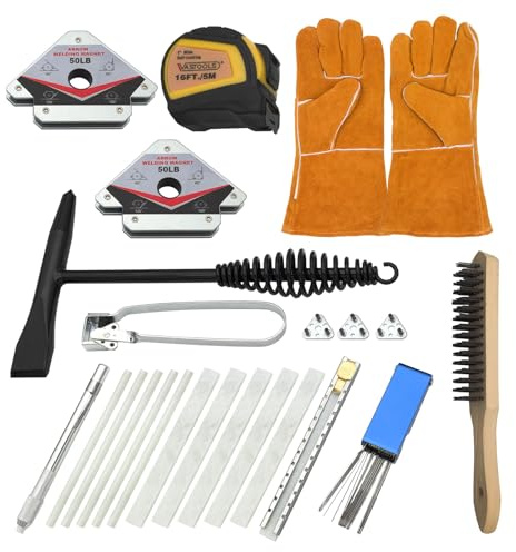 VASTOOLS Welding Accessories,23pc,Chipping Hammer,Leather Welding Gloves 13.5,Soapstone Holder,16'x 1Tape measures,50LB Welding Magnet,Triple Flint Torch Striker,Torch Cleaner,Wire Brush