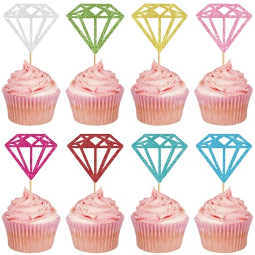 CREATCABIN 24 Stück Cupcake Topper Mit Diamantring Silberfarbener Glitzer Diamant Ehering Cupcake Picker Für Hochzeit Verlobung Jahrestag Valentinstag Party Donut Kuchendekoration Zubehör 7.0x6.1cm