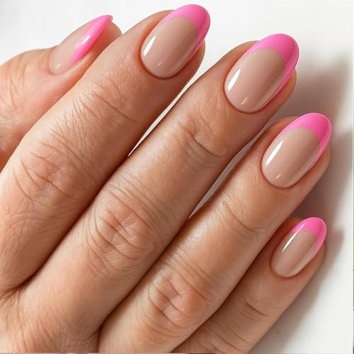 Short Oval French Tip False Nails with Glossy Pink & Nude Design - Reusable Press On Nails Kit for Quick Application, Daily Wear, Parties, Weddings, Dates and Special Occasions