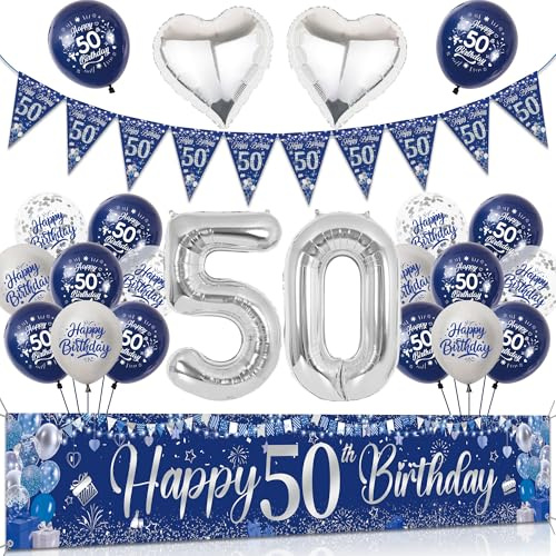 Tasoraor 50 Geburtstag Deko Mann Set - Blau Silber Große Happy 50 Birthday Banner, Konfetti Ballons Wimpel und XXL Zahlen Luftballon für Männer 50 Geburtstagsdeko