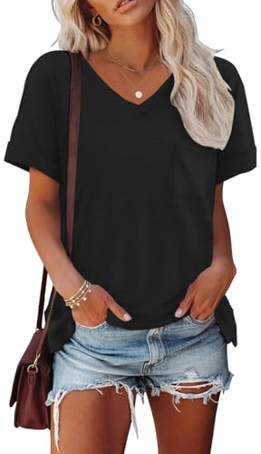 Cuptacc Camisetas Manga Corta Mujer con Cuello en V de Verano Blusas de Mujer Elegantes Top de Manga Corta con Bolsillo