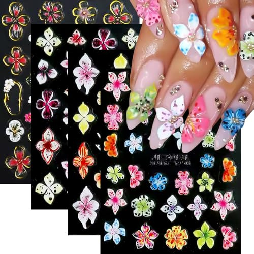 Flower Nail Stickers for Nail Art 5D Embossed Hibiscus Pink White Lily Hibiscus Tropical Flowers Summer Spring Flower Nail Art Accessories for Women and Girls (4 Sheets)
