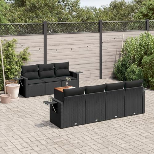 Frdhee Ensemble chaise longue de jardin, 8 pièces, canapé de jardin avec coussin, en polyrotin, groupe de bancs d'angle pour terrasse et balcon Noir