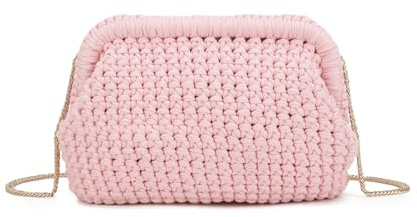 Women's Knitted Crossbody Bag, Woven Texture, Gold Chain Strap, Clutch Purse (Pink)