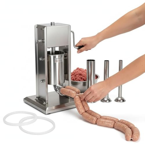 Melko Wurstfüllmaschine Edelstahl 5l Wurstpresse Wurstfüller Wurstmaschine mit 2-Gang-Getriebe Wurstspritze inkl. 4 Füllrohre