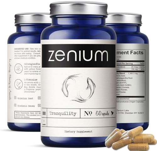 Zenium Stress Relief Supplement Supports Mood & Mental Focus - Feel Calm & Relaxed - Eases Tension & Nervousness - Ashwagandha, Magnesium & L-Theanine - Sarpagandha Inspired - 60 Capsules