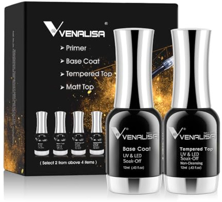 VENALISA Gel Nail Polish 12ml Base Coat and No-wipe Top Coat 2pcs Set Shine Finish and Long Lasting LED Nail Lamp Gel Base Top Coat Nail Art Design Manicure Gifts for Girls