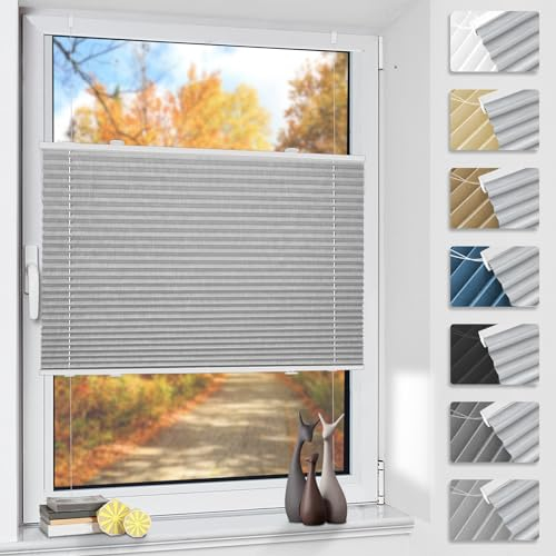 Plissee ohne Bohren Verdunkelung Thermo Plissees Klemmfix Hellgrau B95 x H110 cm - Verdunklungsplissee Plisseerollo Blickdicht & Sichtschutz für Fenster & Tür