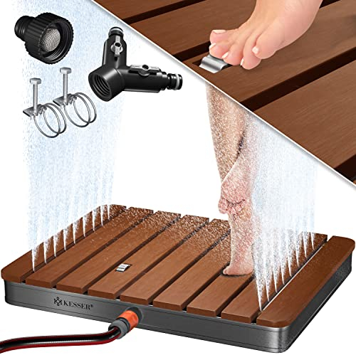 KESSER® Ducha de jardín, Ducha de Suelo, Ducha de Exterior, Ducha de Sauna, Ducha de Camping 70 x 55 cm, rectángulo, Fuente Regulable en Altura hasta 4 m, con Rueda de pie, Aluminio/WPC