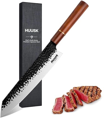 Huusk Kiritsuke Chef Knife - 9 Inch Japanese Kitchen Knife, Professional High Carbon Steel Sharp Sushi Knives with Ergonomic Rosewood Handle for Meat, Fish, Vegetables, Ideal Gifts