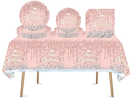 ATBEAMEN 41Pcs Rose Shiny Glitter Birthday Party Tableware Decorations for Girls,Kids,Women Birthday-Disposable Set Sliver Table Cloth,7inch,9inch Paper Plates,Napkins Her Party, 16*16cm