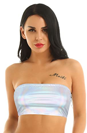 Women's Shiny Tube Top, Metallic Strapless Crop Tube Top Rave Bandeau Bra for Party Clubwear, Non-Padded Stretchy Causal Basic Sexy Vest Top for Dancing, Raves, Festivals, Costumes Silver