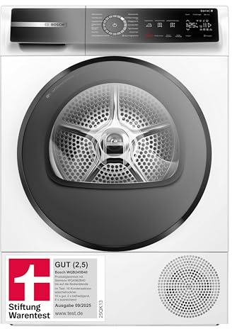 Bosch WQB245B40, Stiftung Warentest GUT (2,5)*, Série 8 Sèche-linge intelligent à pompe à chaleur 9 kg, séchage contrôlé par capteur AutoDry, programme automatique SmartDry, écran LED, condensateur