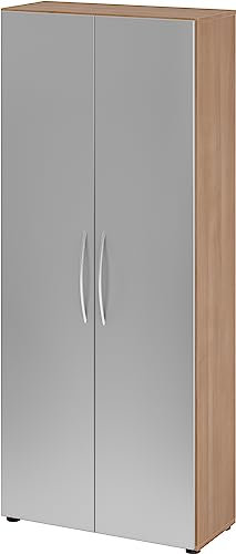 bümö Mehrzweckschrank 80cm breit, Aktenschrank o. Schuhschrank hoch, Schrank mit Regal, Küchenschrank in Nussbaum/Silber aus Holz, Vorratsschrank & Haushaltsschrank mit Metallgriffen