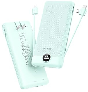 VEGER Portable Charger with Built-in AC Plug and Cables, All in One 10000mAh Ultra Slim Power Bank Travel Essentials, Fast Charging Battery Pack Compatible with iPhone, Samsung, Android (Green)