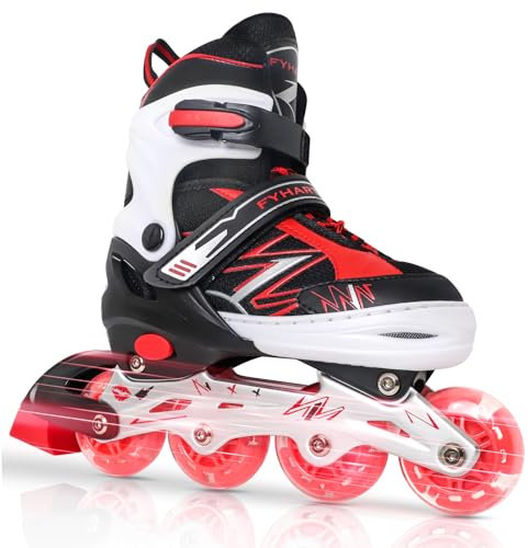 LOKJIJI Einstellbare Inline Skates für Kinder Mädchen Jungen Anfänger, Schwarz & Rot Inline Skates mit Light Up Räder für Kinder und Jugendliche für drinnen draußen Sport (Medium)