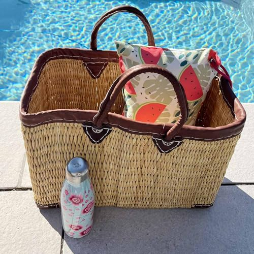Panier Tressé Cabas de Plage Rectangulaire et Évasé en Jonc Naturel avec Finitions et Poignées en Cuir