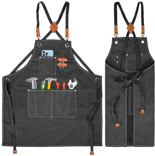 KOOOGEAR Grembiule multifunzione in tela, grembiule da lavoro, grembiule da saldatura, grembiule da cucina, cintura creabile, adatto per cucina, giardino, fucina, officina, Nero , 75 x 68 cm, Gurt 2 x