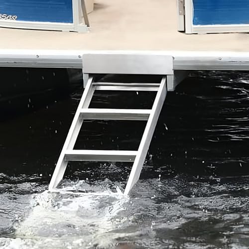Cerumute Aluminum Pontoon Boat Ladder 4 Steps, 300Lbs with Non-slip Design, Heavy Duty Self Storing, Silver