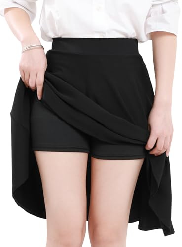 tanzdunsje Jupe pour Femme, Jupe avec Pantalon, Jupes Basiques pour Femme, Jupe au Genou avec 2 Poches latérales, Jupes de Couleur Unie, Taille élastique, Noir,L