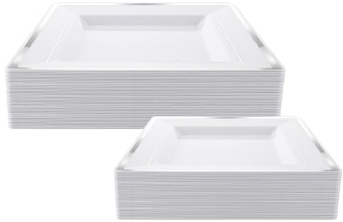 GBACHOOSE Lot de 50 assiettes carrées en plastique avec bord argenté (2 tailles, 16,5 x 16,5 cm/24 x 24 cm) Vaisselle de fête réutilisable Assiettes de service blanches pour viande, poisson, sushi,