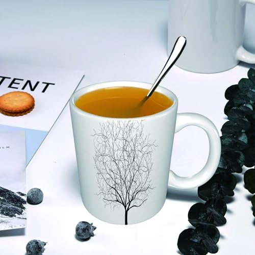 YOIUE Tasse aus Keramik - Große 11oz Tassen 330ml Kaffeetassen mit Henkel, 100% Handbemalt - Trinkgläser mit Griff - Weiß,toter Baum mit vielen Ästen