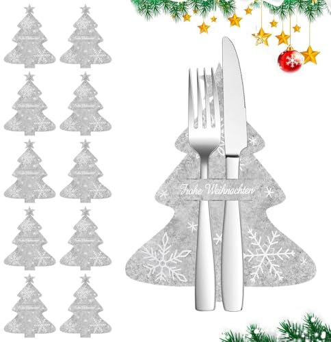 Sunshine smile 10pcs Tischdeko Weihnachten,Bestecktasche Weihnachten,Weihnachtsbaum Besteckhalter