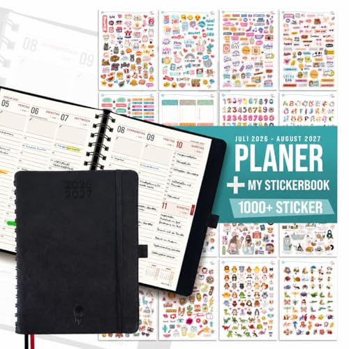 colortouch Taschenkalender 2026 2027 mit 1000 St Sticker Set für Planer, Aufkleber Journal für A5 Monatsplaner, 30 Minuten-Intervalle Wochenplaner mit Softcover, 14 Monate Kalender (Juli 26-Aug 27)