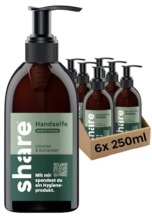share Flüssigseife Limette & Koriander (6x250ml) | Sanfte Reinigung, Vegane Seife, pH-hautneutrale flüssige Seife mit ätherischen Ölen im Seifenspender – Jede Handseife spendet