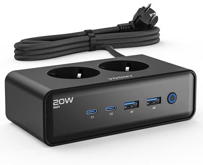 VOOMY Regletas Enchufes con 20W USB-C Carga Rápida, Regleta Enchufes con USB (2 USB-C y 2 USB-A), Alargador Enchufe con 2 Tomas, Enchufe multiple con Interruptor, proteccion sobretension y Cable de 2m
