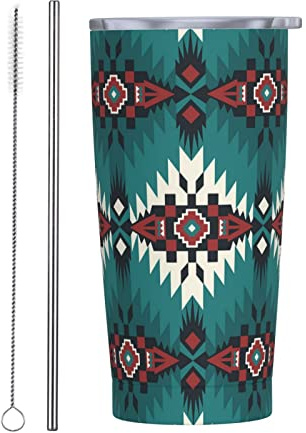 Native Southwest American Indian Aztec Navajo - Bicchiere da caffè in acciaio inox con coperchio e cannuccia da 591 ml, tazza da caffè termica e tazza da tè da viaggio in auto