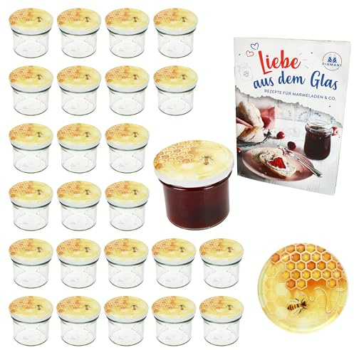 MamboCat 25er Set Sturzglas 125 ml mit Schraub-Deckel Honig I Einmachgläser + to 66 Deckel mit Diamant-Zucker-Rezept I Vorratsgläser einkochen & konservieren