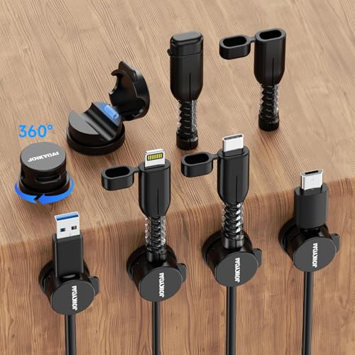 Cable Clips, Cord Organizer Cable Holder 360° Swivel with Cable Protector for Type C&Lightning, Strong Adhesive Charger Holder for Nightstand, Kitchen Appliances, Office Supplies, Phones, Cars, Black