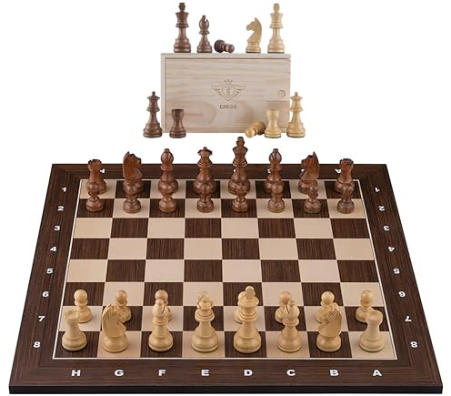 Engelhart - 170496 - Großes Luxuriöses Schachspiel mit Koordinaten - Braun - 50 cm - Schachbrett aus Ahorn- und Cassia-Holz mit Intarsien - Gewichtete, Geschnitzte Figuren - Ab 6 Jahren