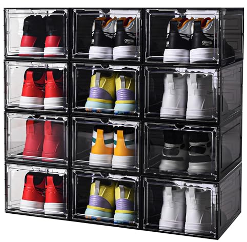 Yukui LLc Large Black Shoe Storage Boxes Stackable, 12 Pack Hard Plastic Shoe Storage Organizer with Magnetic Door, Shoe Container Sneaker Storage Display Case Fit up to US Size 13 Black