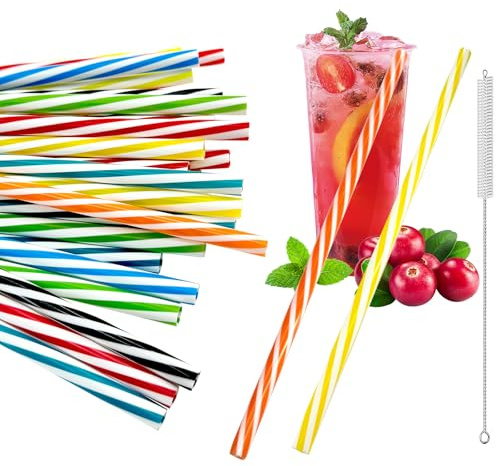 Wanheart 50pcs Reusable Plastic Straws, Straws Drinking Plastic with Cleaning Brush, Dishwasher Safe, Reusable Straws for Smoothies, Juice, Cocktail, Hot Drink