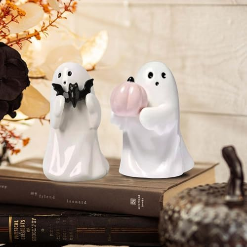 2 Stück Halloween Deko Geister Figuren mit Fledermaus Kürbis Deko Halloween Dekoration Innen Harz Geisterfigur Ornament Geist Tischdeko Geister Herbst Dekoration Statue Für Tisch Herbstdeko (A+B)
