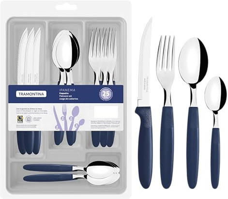 Tramontina Juego de Cubiertos de acero inoxidable, Ipanema, color azul, 25 piezas