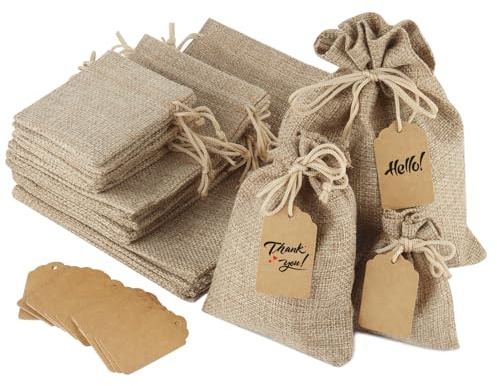 24 Stück Jutesäckchen, Geschenksäckchen 7x9cm/10x14cm/15x20cm, Jutesack Klein Wiederverwendbare Säckchen zum Befüllen, Stoffbeutel Jute-Geschenktüten mit Kordelzug, für Schmuck Party Weihnachten