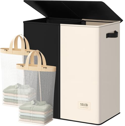 SOLEDI 145L Wäschekorb 2 Fächer, Wäschesammler mit Deckel und 3 Wäschesack | 2 herausnehmbare und waschbare Wäschesack, Faltbarer，Wäschesammler Groß XXXL für Schlafzimmer, Badezimmer, Waschküche