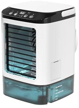 Tomvorks Aire Acondicionado Portátil con Caja de Hielo, 3 Velocidades de Viento, Ventilador Escritorio USB con Pulverizador Doble, Iluminación Ambiental Relajante