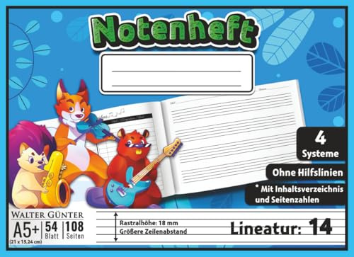 Notenheft ohne Hilfslinien Lineatur 14 Größe A5+ Querformat für Kinder: 4 Große Notensysteme pro Seite (18 mm Rastralhöhe) | 21 x 15,24 cm - 54 Blatt ... für Komponisten, Schüler & Musikunterricht