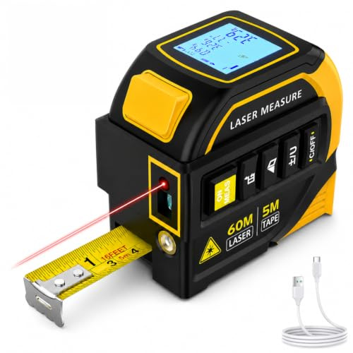 4-in-1 Laser Tape Measure with Cross Line Level & Lock Button Control, Digital Laser Measure 60m/196ft, Auto-Leveling LCD, 5m Tape, Yellow