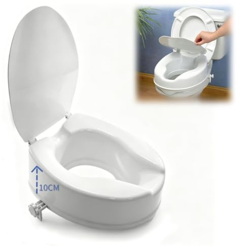 Toilettensitzerhöhung mit Deckel, WC-Sitzerhöhung 10cm, Komfortabler Senioren Toilettenaufsatz Rutschfest & Komfortabel, Erhöhter Toilettensitz für Belastbar 200kg,Weiß