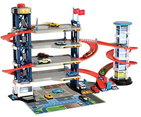 Dickie Toys Parking Garage, Parkgarage, Spielset, Parkhaus, 4 Etagen, Aufzug, 4 Die-Cast-Fahrzeuge, 1 Helikopter, Licht & Sound, inkl. Batterien