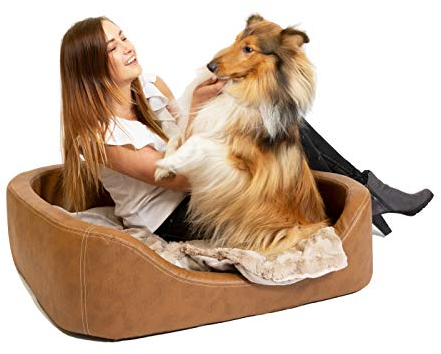 Orthopädisches Hundebett mittelgroße Hunde - Hundekissen Oval - Hundekorb Waschbar grosse Hunde - Körbchen Hund mit erhöhte Ränder - Abnehmbarer, waschbarer Bezug 100 x 80cm in Hellbraun, Dog Bed XXL