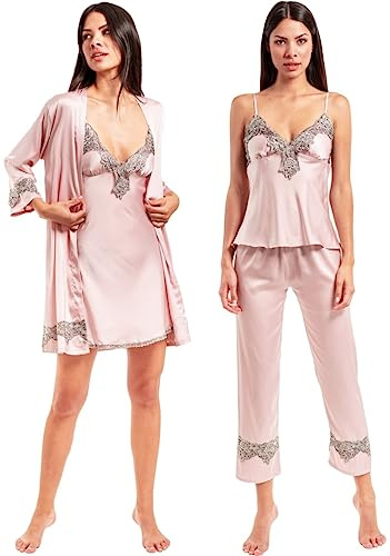 Laura in - Pigiama da Donna in Raso setoso Tinta Unita Lingerie Pigiami con Pizzo Set da 5 Pezzi Robe Accappatoio, Camicie da Notte, Top, Pantaloni, pantaloncini-1102RosaS