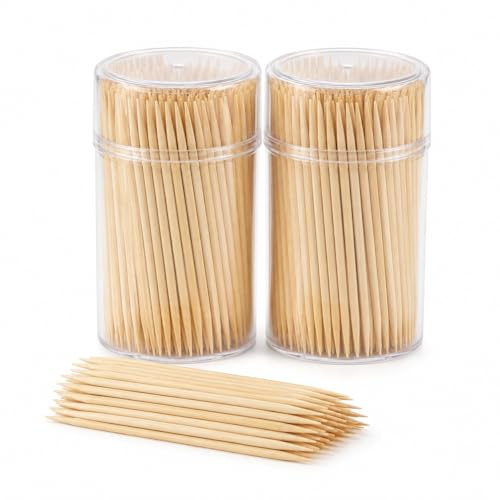 MIJOMA Zahnstocher aus unbehandeltem Holz – Spitze Zahnhölzer für Mundhygiene, Häppchen und Cocktailspieße – ideal für Zuhause, Gastronomie und unterwegs (2 x 500 Stück in runder Dose)